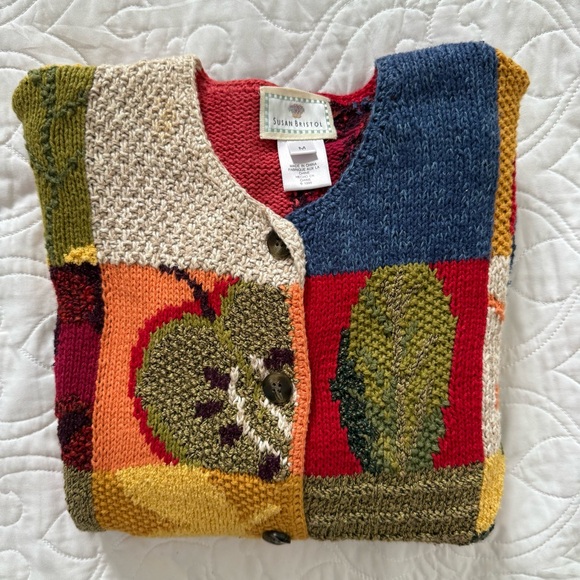 Vtg Susan Bristol‎ Hand Knit Multicolor GrannyCore Patchwork Cardigan WMs M EUC - Picture 5 of 12